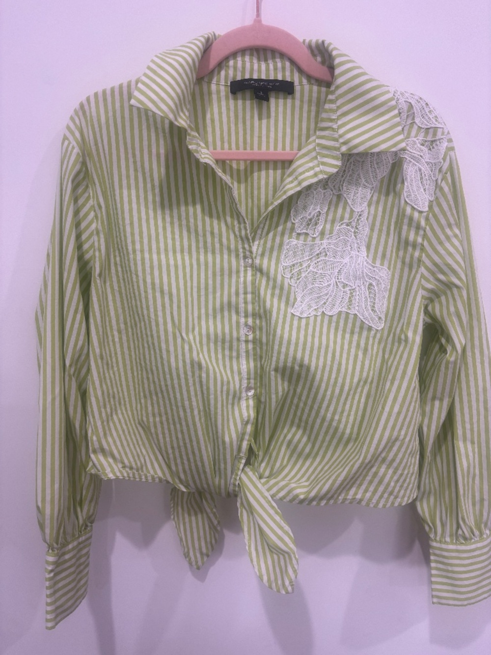 Marc New York Striped Button Up Shirt Small Lace Floral Applique Shoulder Top